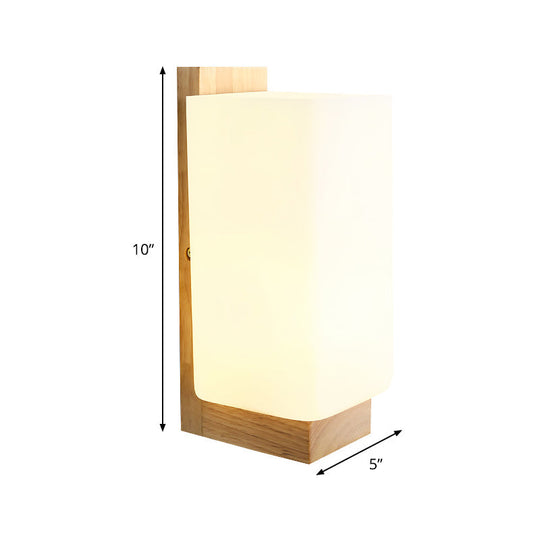 Japanese Wood Sconce Light Fixture With Rectangular Milk Glass Shade - 1 Head Stairway Wall Lamp