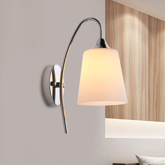 Modern Trumpet Wall Light Fixture - Milky Glass Sconce In Chrome For Stairway