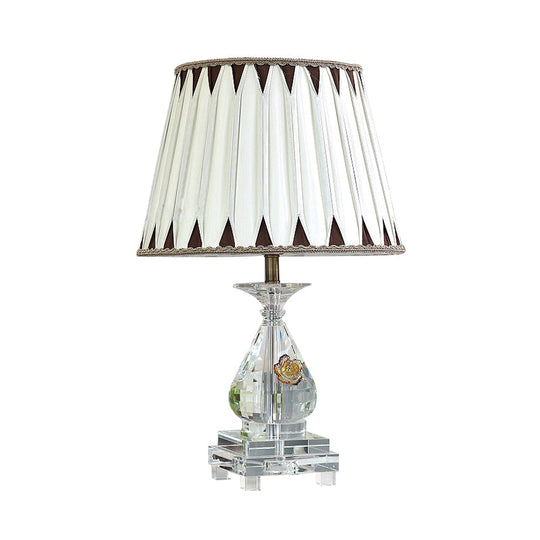 Rural Fabric Table Lamp With Crystal Base - Single Bulb Night Light In White Perfect For Bedroom