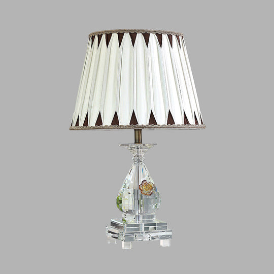 Rural Fabric Table Lamp With Crystal Base - Single Bulb Night Light In White Perfect For Bedroom