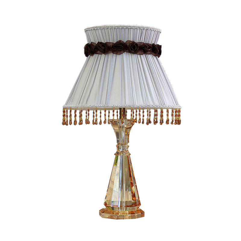 14/15 Wide Cone Fabric Night Light Bedroom Lamp In Grey With Crystal Accent For Traditional