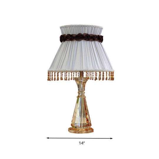 14/15 Wide Cone Fabric Night Light Bedroom Lamp In Grey With Crystal Accent For Traditional