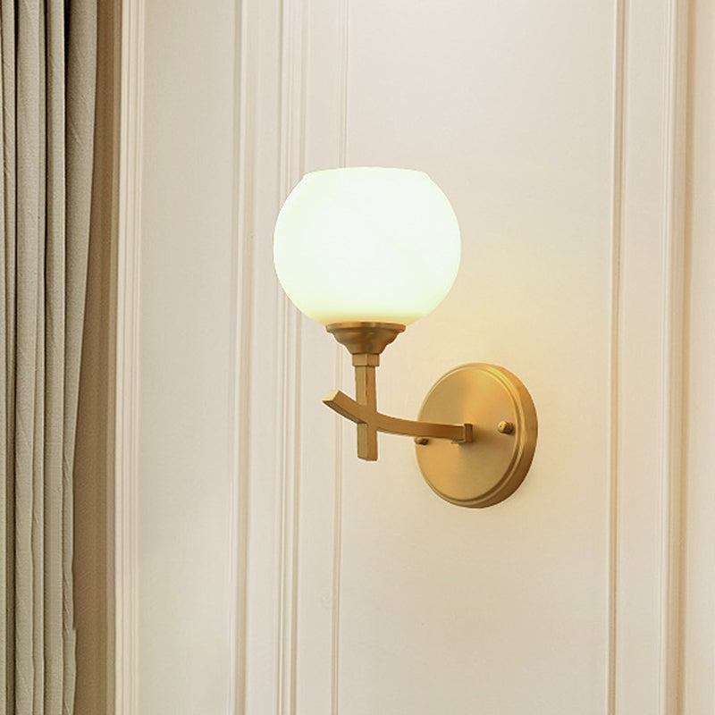 Brass Wall Mounted Armed Sconce Light With Opal Glass Shade - Modern Metal Lamp