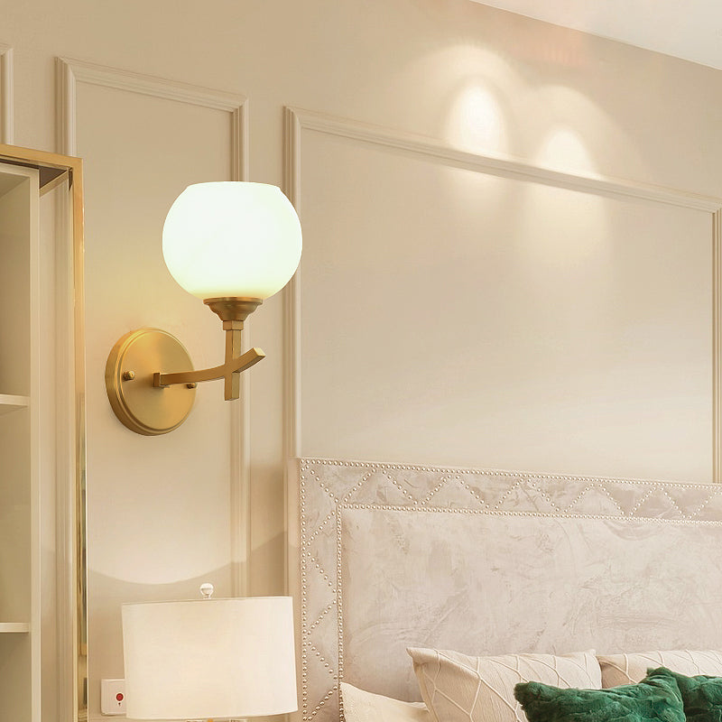 Brass Wall Mounted Armed Sconce Light With Opal Glass Shade - Modern Metal Lamp