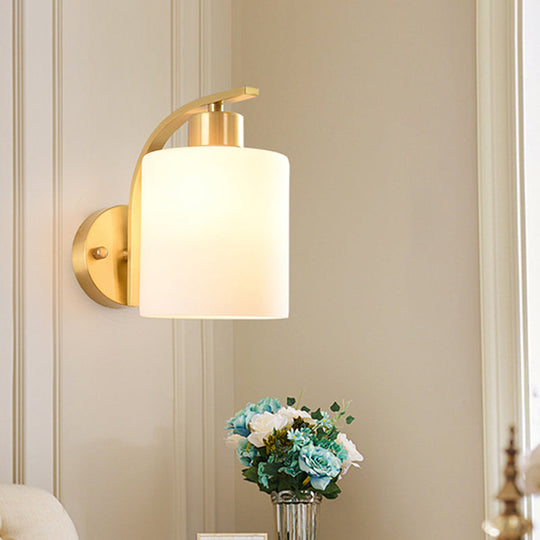 Modern 1-Light Brass Cylinder Sconce With Milk Glass Shade - Wall Lighting Fixture