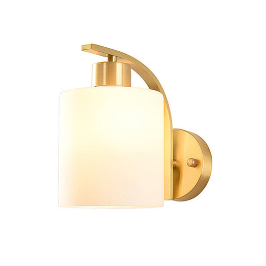 Modern 1-Light Brass Cylinder Sconce With Milk Glass Shade - Wall Lighting Fixture