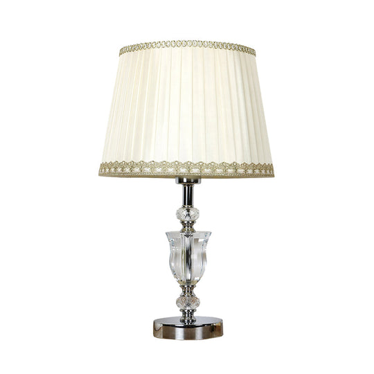 White Drum Table Lamp With Crystal Accent - Elegant Bedroom Nightstand Light