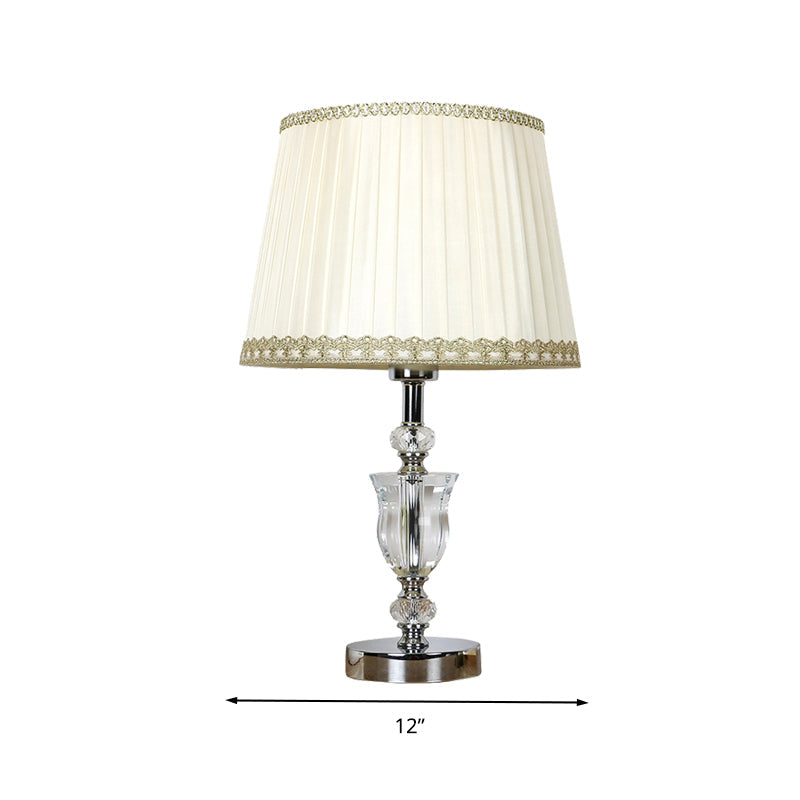 White Drum Table Lamp With Crystal Accent - Elegant Bedroom Nightstand Light