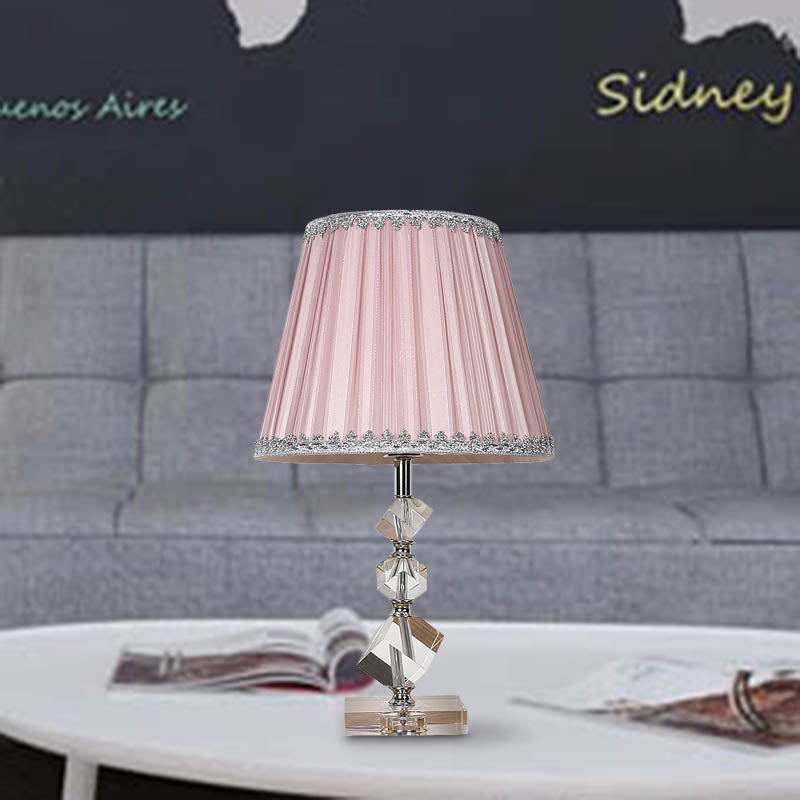 Conical Table Lamp: Pink Fabric Countryside 1-Light Night Light With Crystal Base For Bedroom