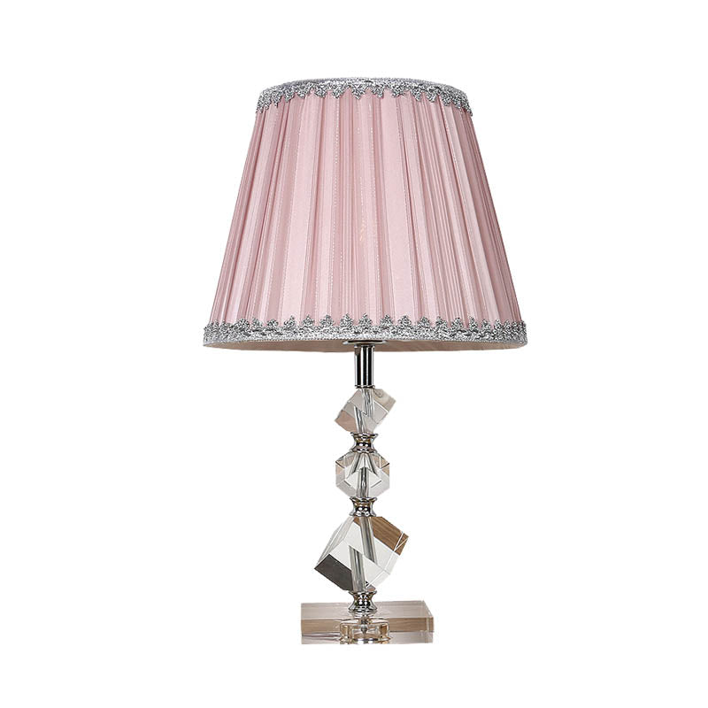 Conical Table Lamp: Pink Fabric Countryside 1-Light Night Light With Crystal Base For Bedroom