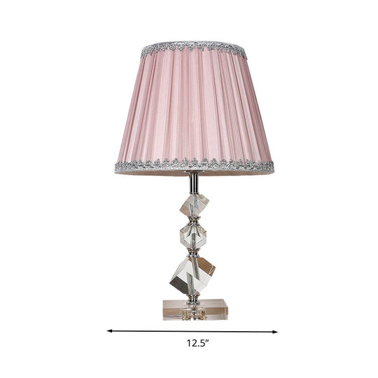 Conical Table Lamp: Pink Fabric Countryside 1-Light Night Light With Crystal Base For Bedroom