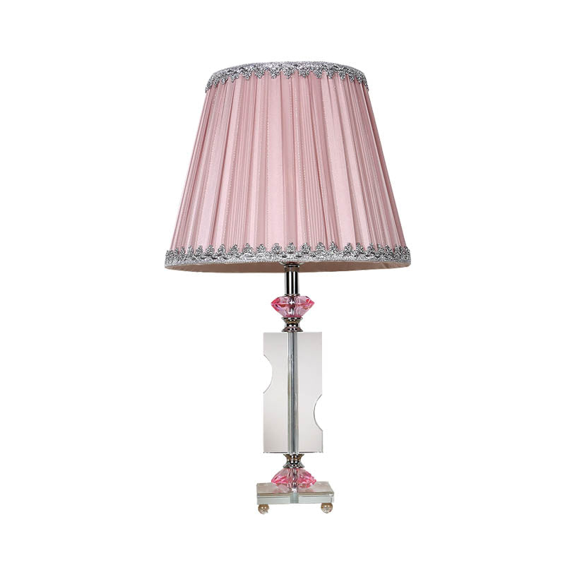 Rustic Fabric Pink Night Lamp With Crystal Accent - Single Head Tapered Nightstand Light