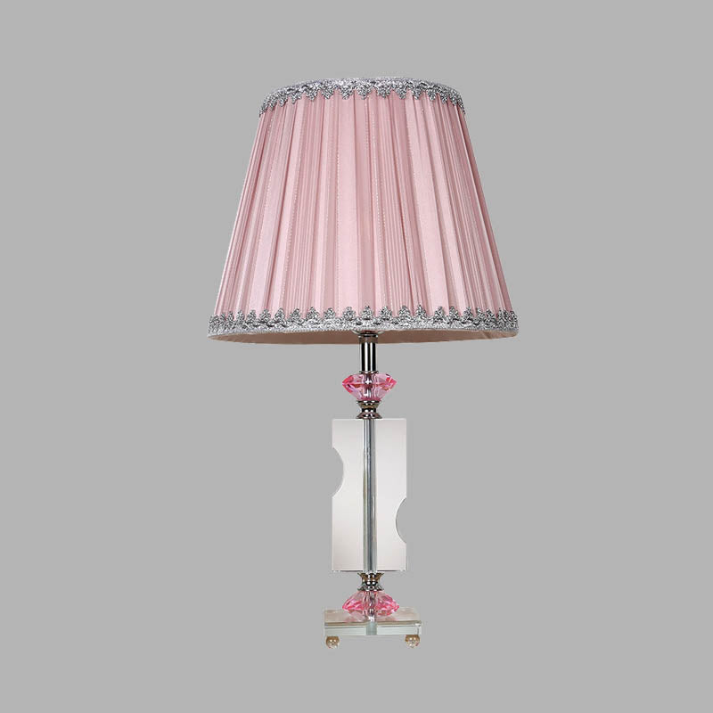 Rustic Fabric Pink Night Lamp With Crystal Accent - Single Head Tapered Nightstand Light