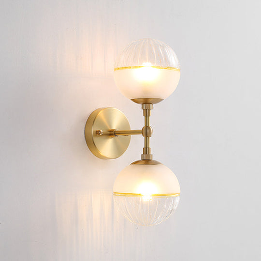 Brass Modern Spherical Wall Sconce With Frosted Glass And 2 Bulbs