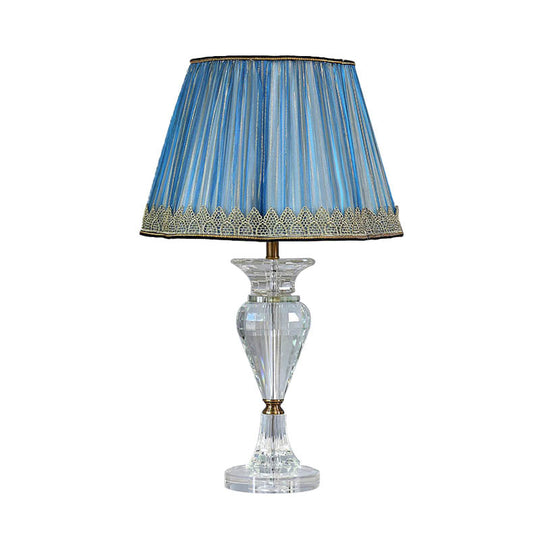 Traditional Blue Fabric Nightstand Lamp With Crystal Base - 1 Light Barrel Design