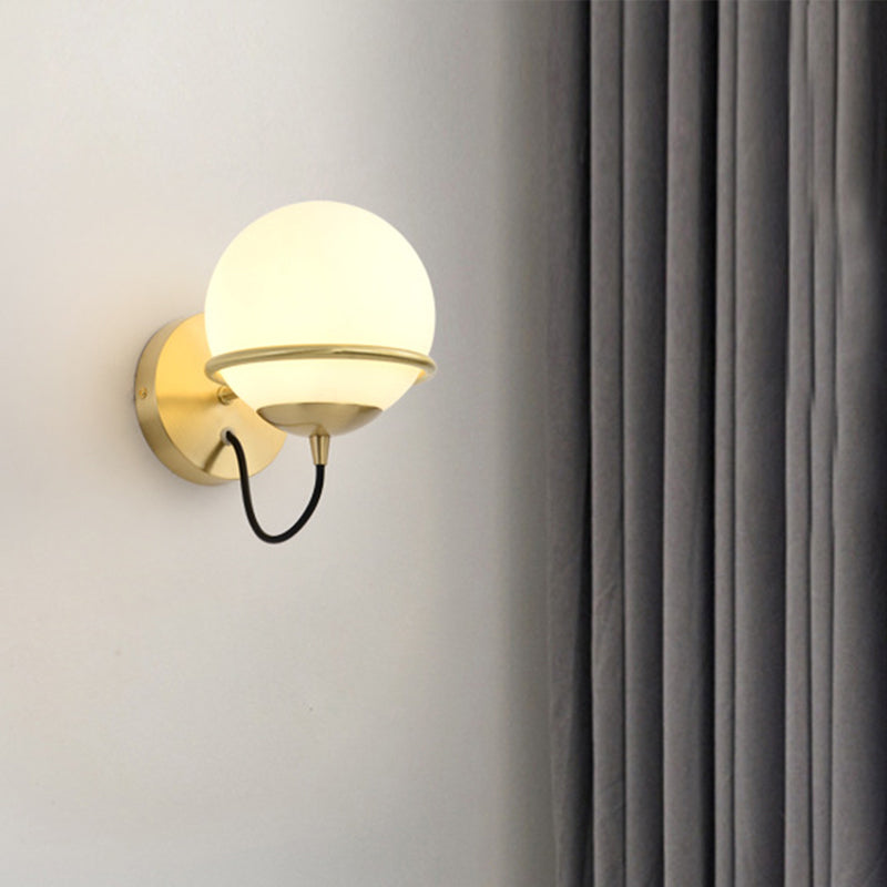 Modern Brass Wall Sconce Light With White Glass Shade - 1 Head Bedside Fixture