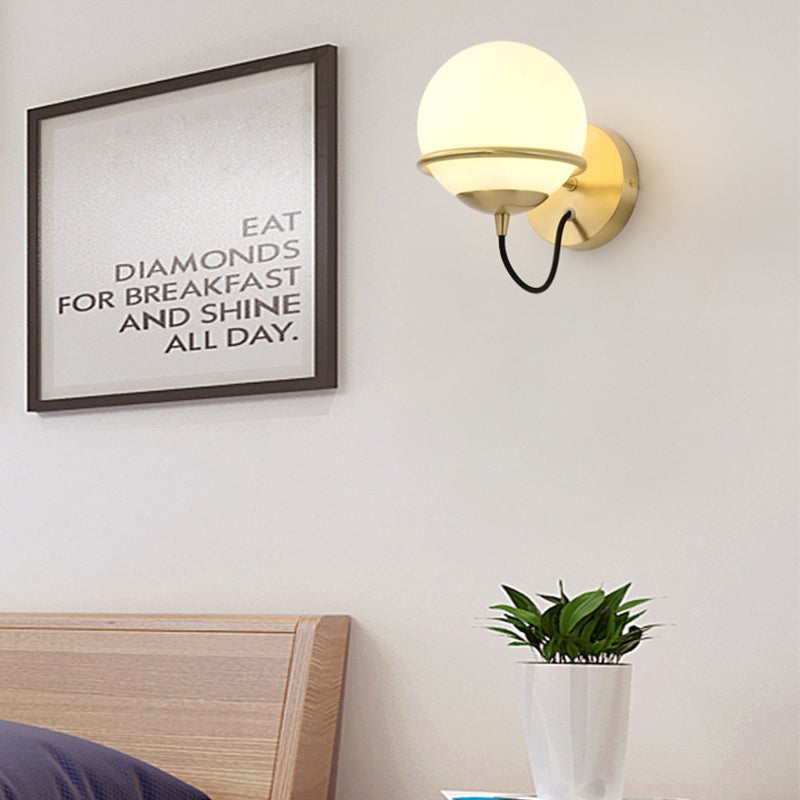 Modern Brass Wall Sconce Light With White Glass Shade - 1 Head Bedside Fixture