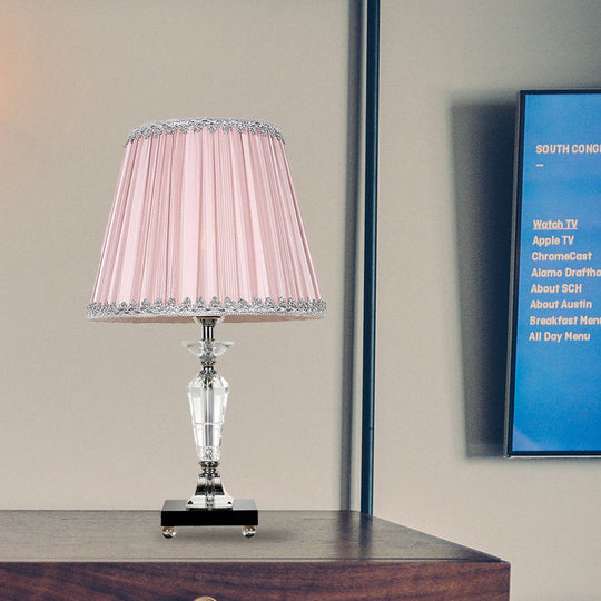 Minimalist Fabric Nightstand Lamp In Pink/Blue With Crystal Deco - Single Bulb Table Light Pink