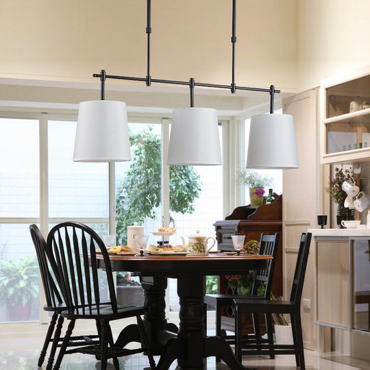 Traditional Black/Gold Fabric Pendant Lighting - 3 Lights Barrel Island Light For Dining Room