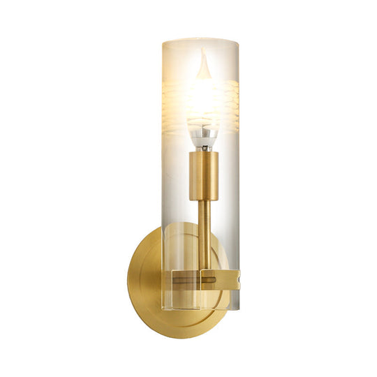 Modern Brass Wall Sconce Light With Clear Glass Shade - 1 Head Cylindrical Design