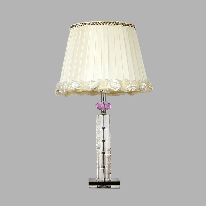 Tapered Crystal Table Lamp: Single Head Bedroom Night Light In White With Braided Trim