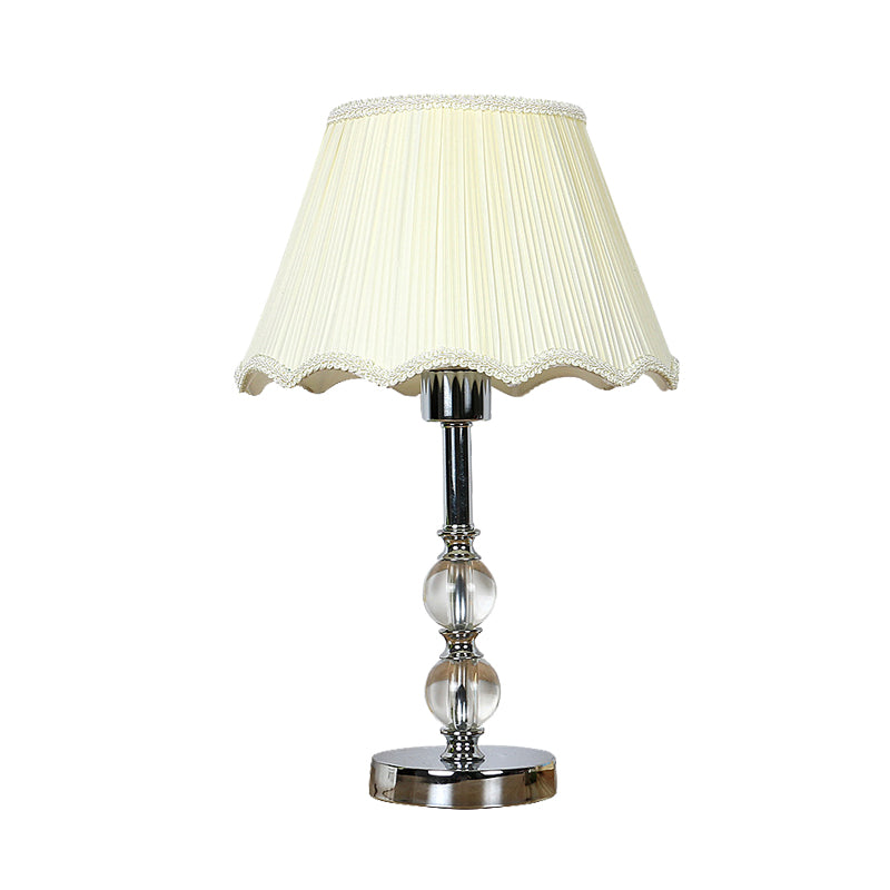 Scalloped White Night Lamp With Crystal Ball Accent - Traditional Bedroom Table Light