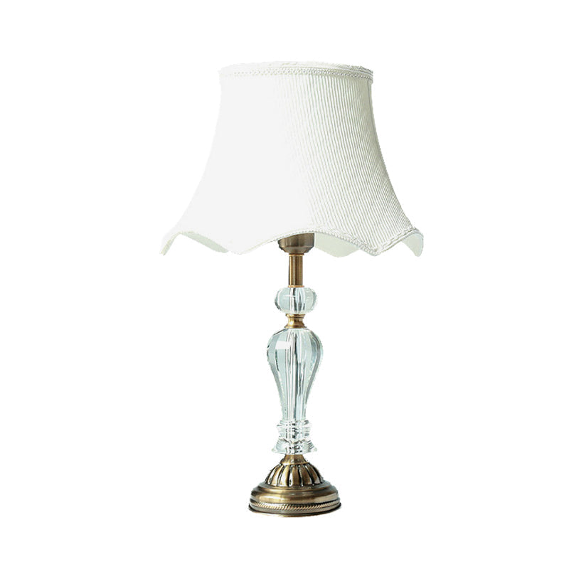 Scalloped Fabric White Nightstand Lamp With Crystal Accent - Elegant Single Bulb Night Light