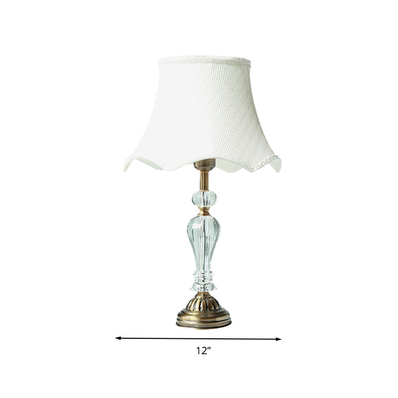 Scalloped Fabric White Nightstand Lamp With Crystal Accent - Elegant Single Bulb Night Light