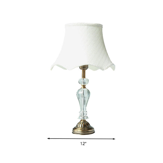 Scalloped Fabric White Nightstand Lamp With Crystal Accent - Elegant Single Bulb Night Light