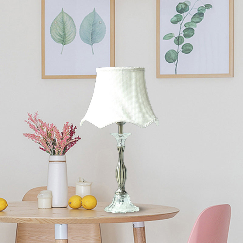 Scalloped Crystal Nightstand Lamp In White With Fabric Shade - Elegant Bedroom Table Light