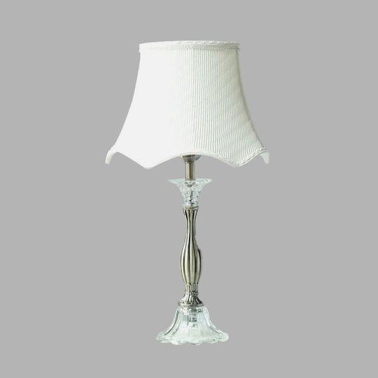 Scalloped Crystal Nightstand Lamp In White With Fabric Shade - Elegant Bedroom Table Light