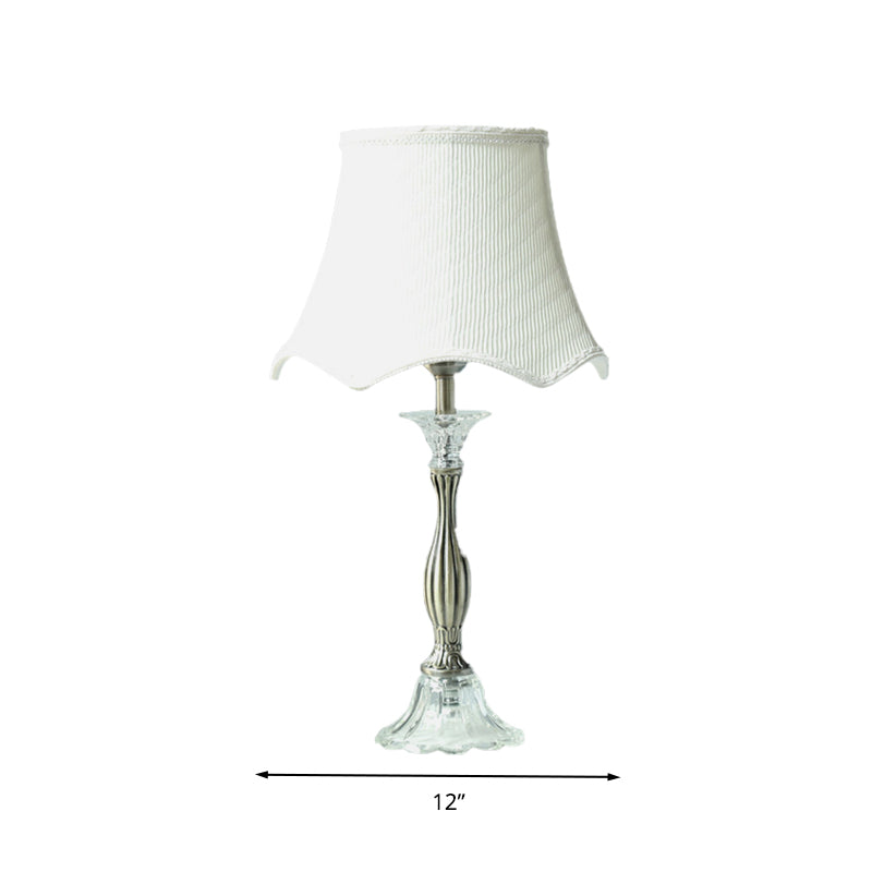 Scalloped Crystal Nightstand Lamp In White With Fabric Shade - Elegant Bedroom Table Light