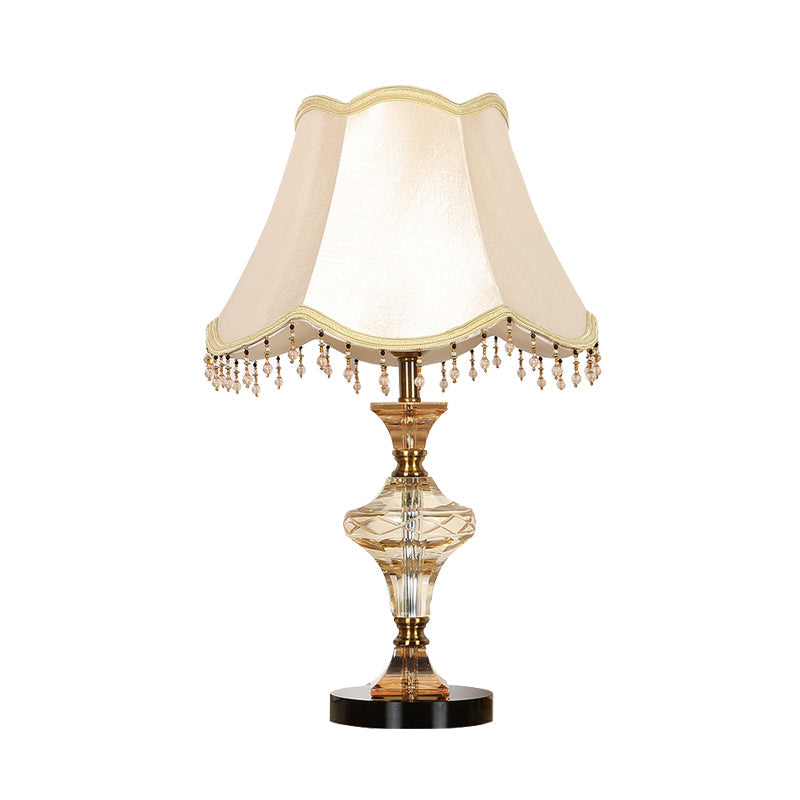 Beige Crystal-Drapped Bell Nightstand Lamp | Lodge Bedroom Light