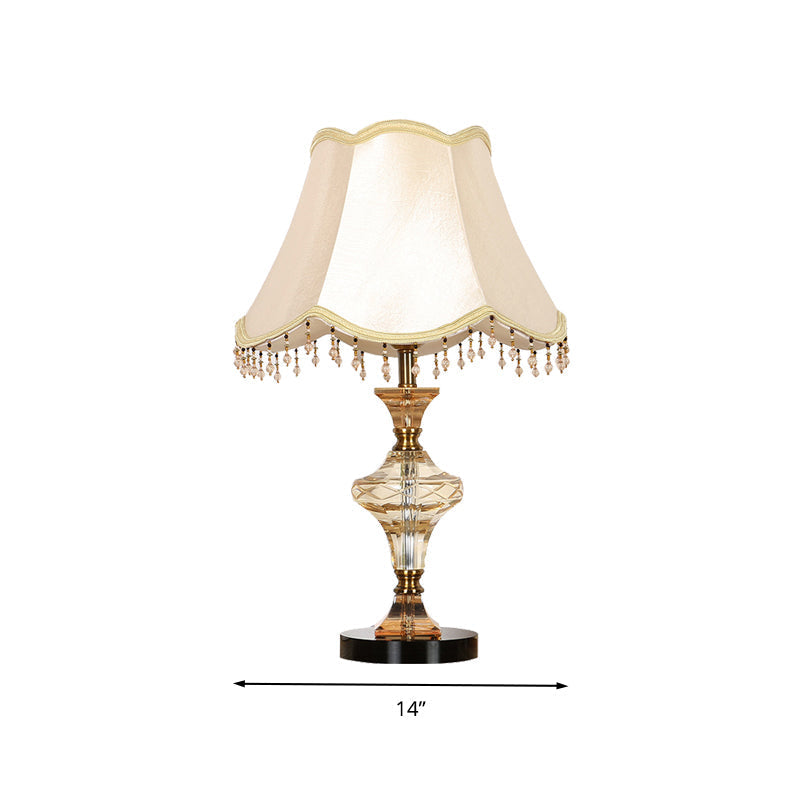 Beige Crystal-Drapped Bell Nightstand Lamp | Lodge Bedroom Light