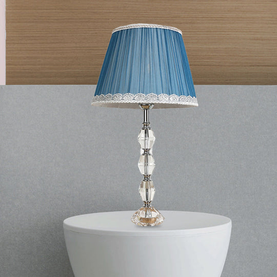 Tapered Blue Night Lamp With Crystal Ball Deco - Traditional Fabric 1 Light Bedroom Table