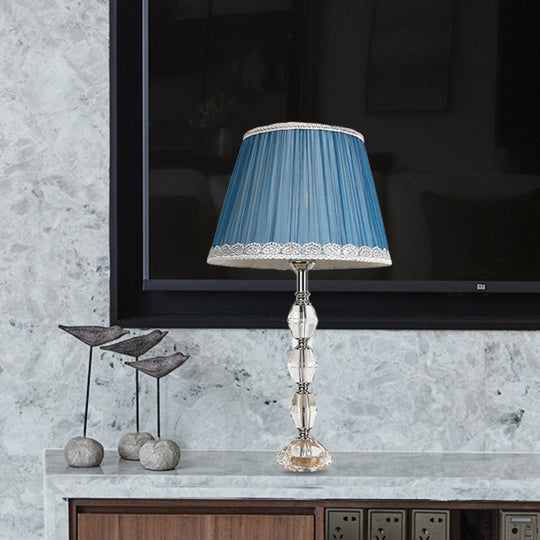 Tapered Blue Night Lamp With Crystal Ball Deco - Traditional Fabric 1 Light Bedroom Table