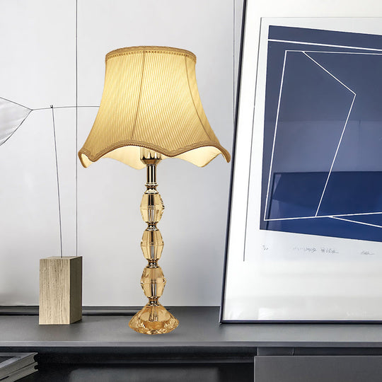 Scalloped Night Light: Light Yellow Minimalism Fabric Living Room Lamp With Crystal Base