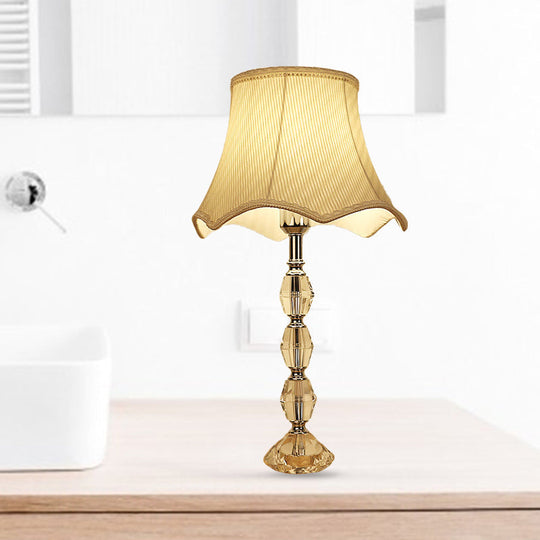 Scalloped Night Light: Light Yellow Minimalism Fabric Living Room Lamp With Crystal Base