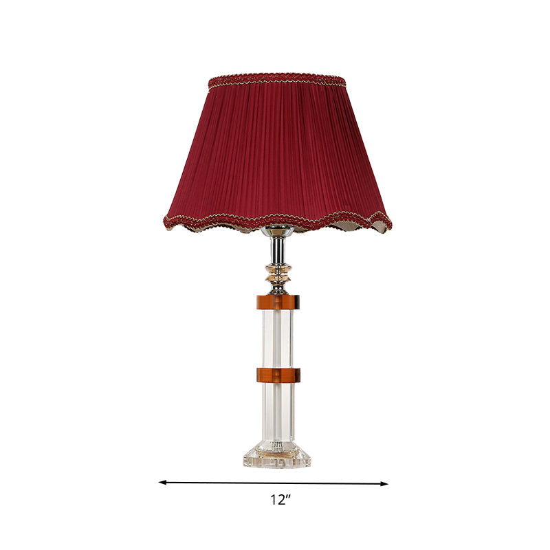 Red Fabric Shade Crystal Rectangle Night Lamp - Simple 1 Light Bedroom Table