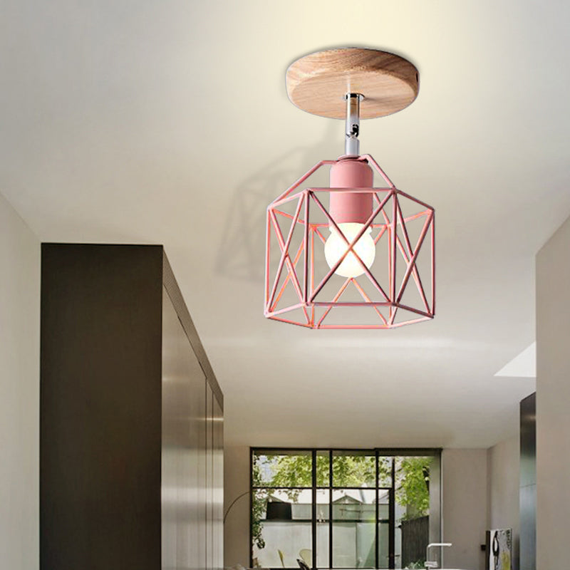 Modern Metal Hexagon Ceiling Light - Gray/White/Pink/Yellow/Blue/Green - Semi Flush Mount for Bedroom