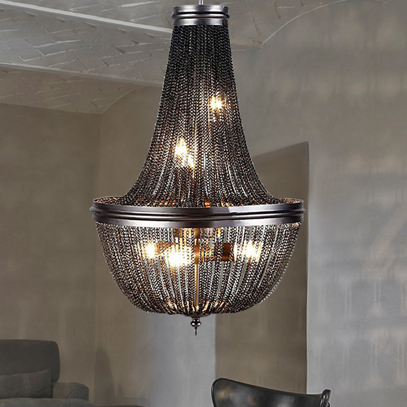 Rustic Black Chain Fringe Chandelier With 6 Lights For Living Room - Rural Metallic Pendant Lighting