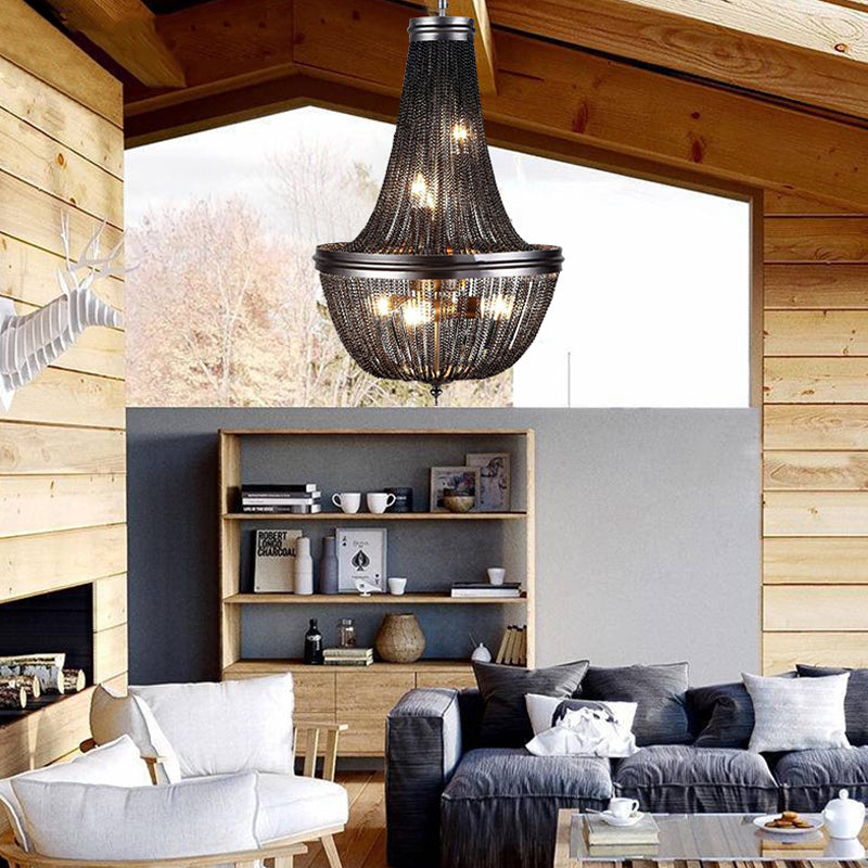 Rustic Black Chain Fringe Chandelier With 6 Lights For Living Room - Rural Metallic Pendant Lighting