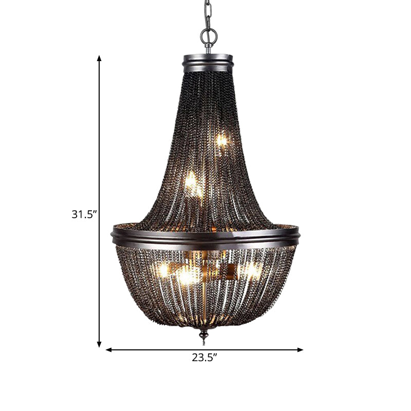 Rustic Black Chain Fringe Chandelier With 6 Lights For Living Room - Rural Metallic Pendant Lighting