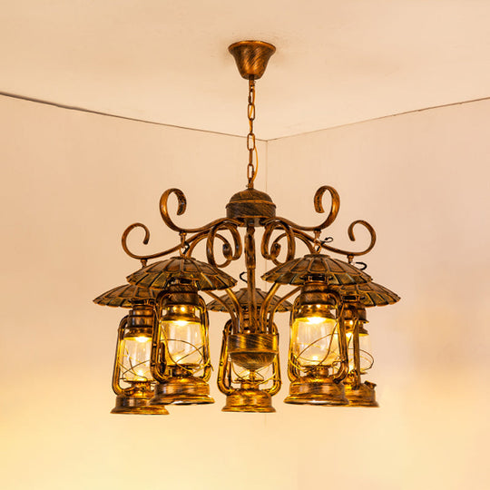 Industrial Brass 5-Light Ceiling Chandelier Pendant - Metallic Kerosene Hanging Fixture