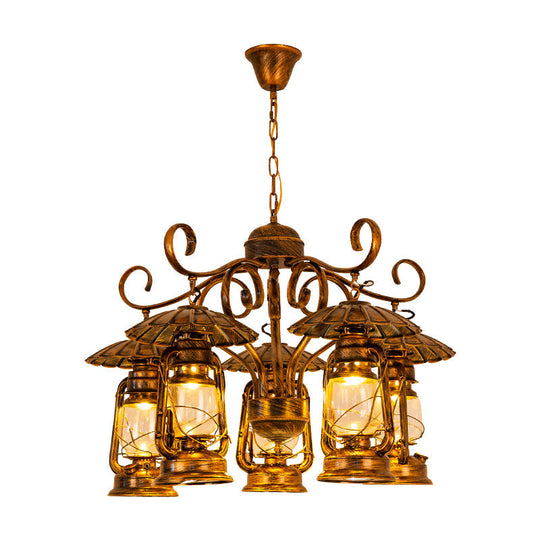 Industrial Brass 5-Light Ceiling Chandelier Pendant - Metallic Kerosene Hanging Fixture