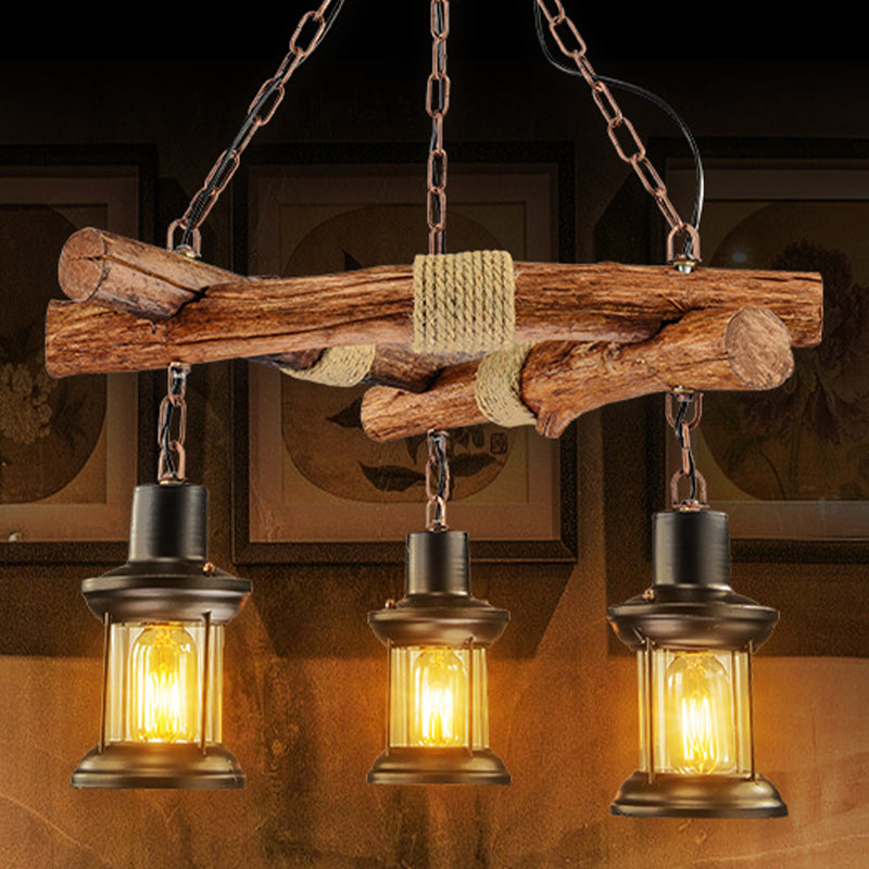 Black Farmhouse Lantern Chandelier - 3 Lights, Clear Glass - Perfect for Restaurants & Ceilings