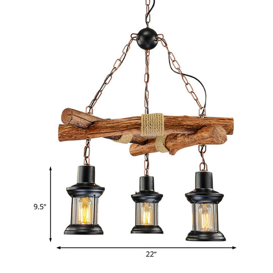 Farmhouse Lantern Chandelier: Clear Glass 3 Lights Black Ceiling Light Fixture