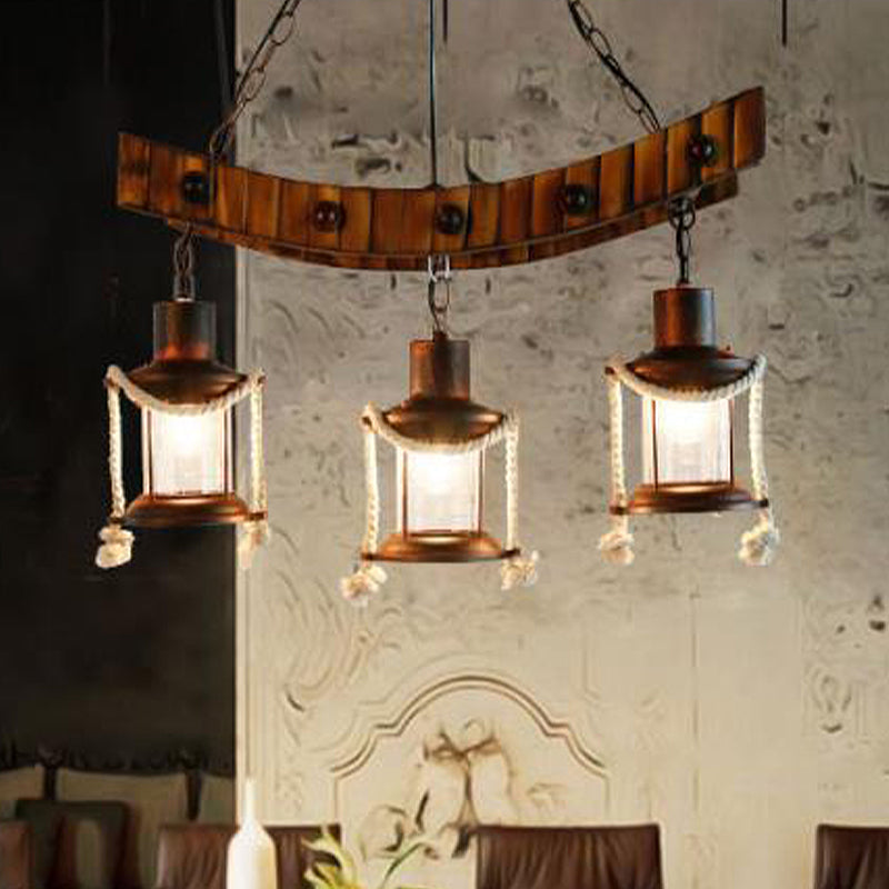 Dark Brown Glass Chandelier Light Lantern - 3 Lights Warehouse Hanging Ceiling Fixture For Kitchen