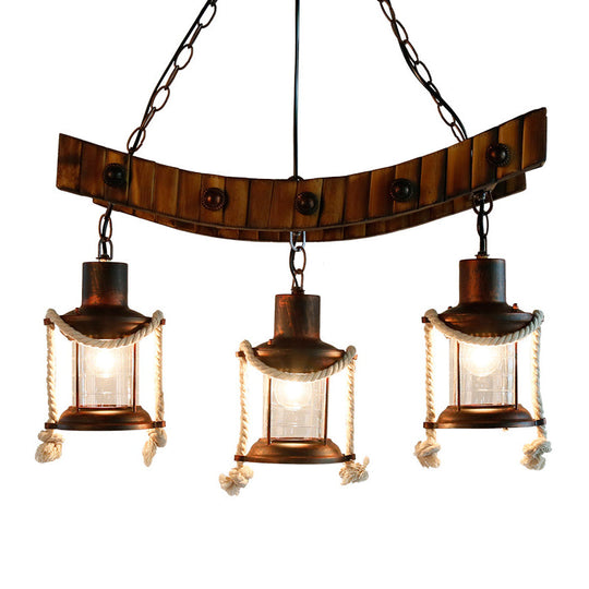 Dark Brown Glass Chandelier Light Lantern - 3 Lights Warehouse Hanging Ceiling Fixture For Kitchen