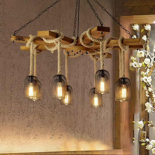 Rustic Caged Dining Room Chandelier Pendant with Retro Metallic Finish - 3/6/8 Lights & Wooden Ceiling Lamp Rope Included